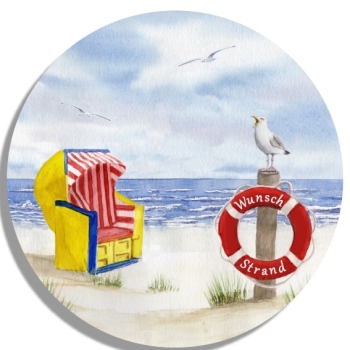Untersetzer Glasuntersetzer rund 9,5 cm Aquarell Maritim Kunst Druck Kunstdruck Nordsee Cuxhaven Duhnen Strandkorb Strand Meer